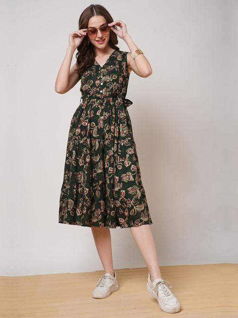 Globus Floral Printed V-Neck Midi A-Line Dress With Belt