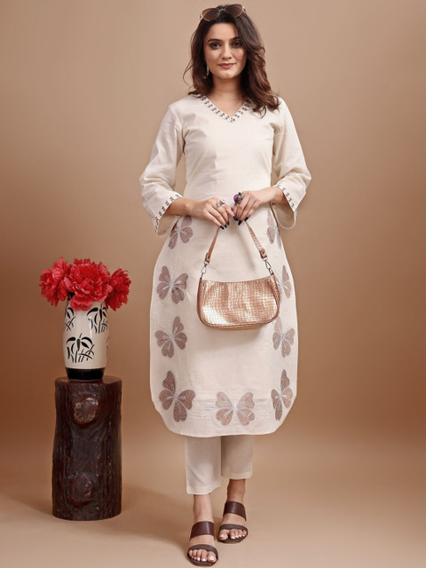Tikhi Imli Embroidered V-Neck Three-Quarter Sleeves Linen Tunic With Trouser - Image 6