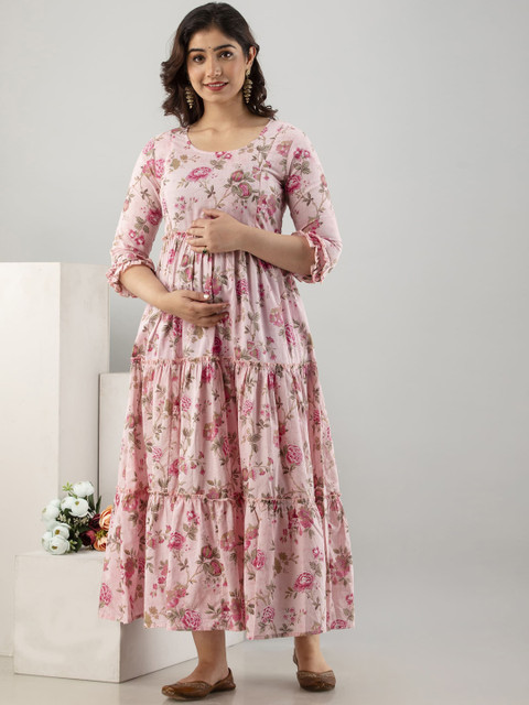 VARICOS Floral Printed Round Neck Pure Cotton Maternity Fit & Flare Ethnic Dress