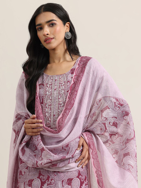 Libas Paisley Printed Thread Work Linen Straight Kurta with Palazzos & Dupatta