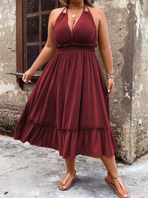 DressBerry Curve Women V-Neck Plus Size Drop-Waist Midi Dress