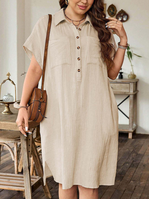 DressBerry Curve Plus Size Shirt Collar Cotton A-Line Dress