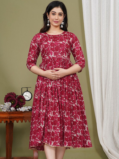 Pristyle Floral Printed Pleated Round Neck Maternity Anarkali Kurta - Image 3