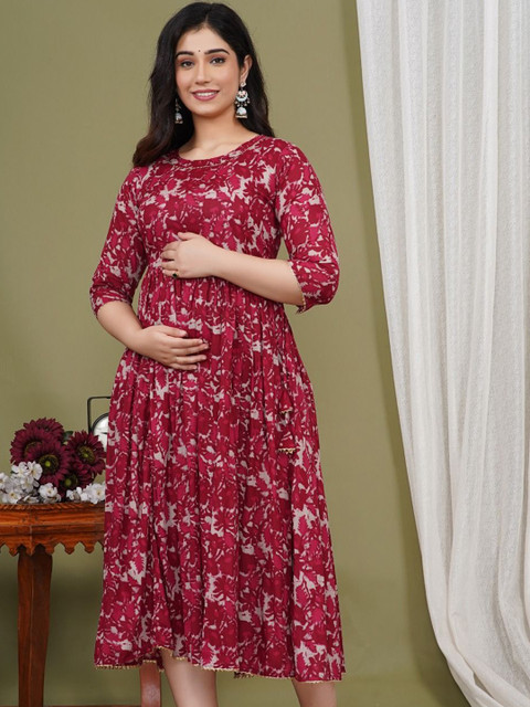 Pristyle Floral Printed Pleated Round Neck Maternity Anarkali Kurta - Image 7