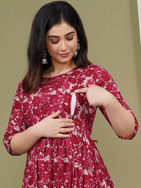 Pristyle Floral Printed Pleated Round Neck Maternity Anarkali Kurta - Image 6