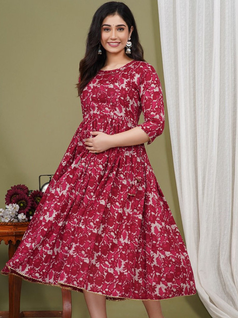 Pristyle Floral Printed Pleated Round Neck Maternity Anarkali Kurta - Image 4