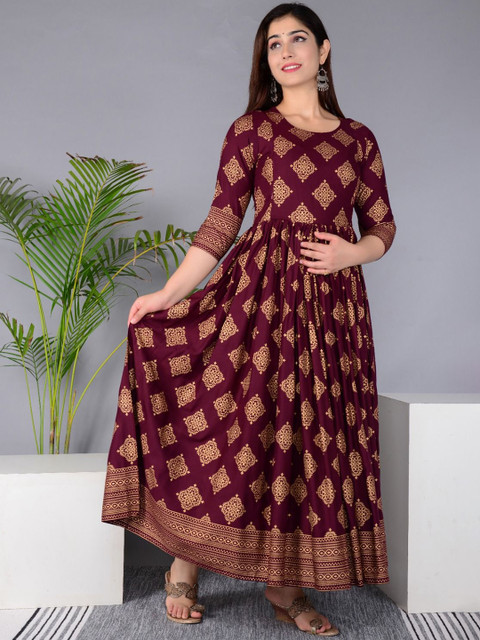 Pristyle Ethnic Motifs Printed Pleated Round Neck Maternity Anarkali Kurta - Image 3