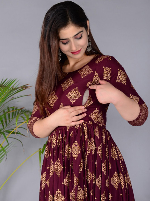 Pristyle Ethnic Motifs Printed Pleated Round Neck Maternity Anarkali Kurta - Image 6