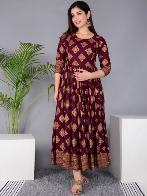Pristyle Ethnic Motifs Printed Pleated Round Neck Maternity Anarkali Kurta