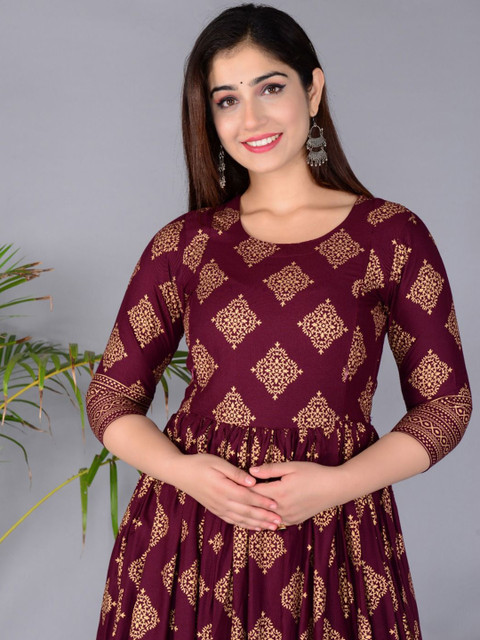Pristyle Ethnic Motifs Printed Pleated Round Neck Maternity Anarkali Kurta - Image 2