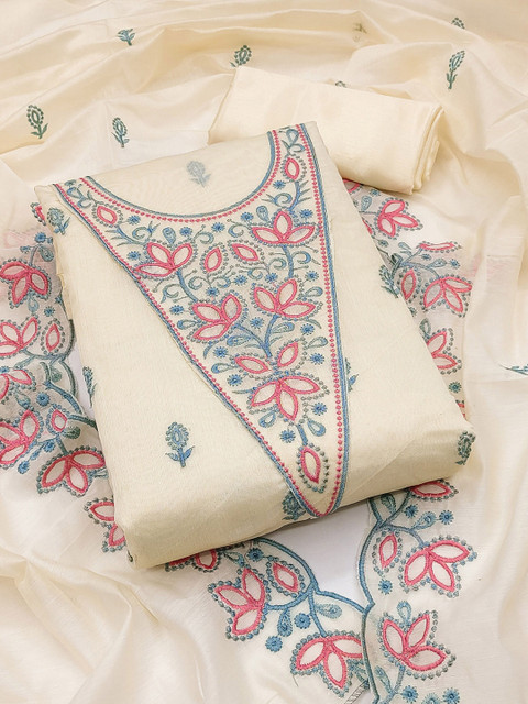 KALINI Floral Embroidered Chanderi Cotton Unstitched Dress Material