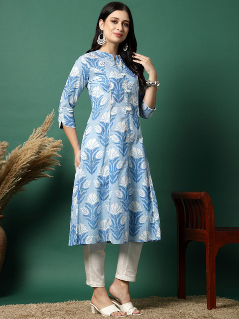 Sangria Blue Floral Printed Kantha Work Mandarin Collar Panelled A-Line Kurta