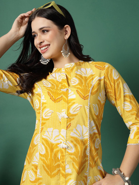 Sangria Floral Printed Pure Cotton Mandarin Collar Thread Work A-Line Kurta - Image 5