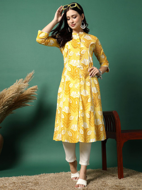 Sangria Floral Printed Pure Cotton Mandarin Collar Thread Work A-Line Kurta