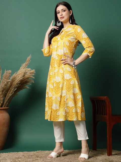Sangria Floral Printed Pure Cotton Mandarin Collar Thread Work A-Line Kurta - Image 3