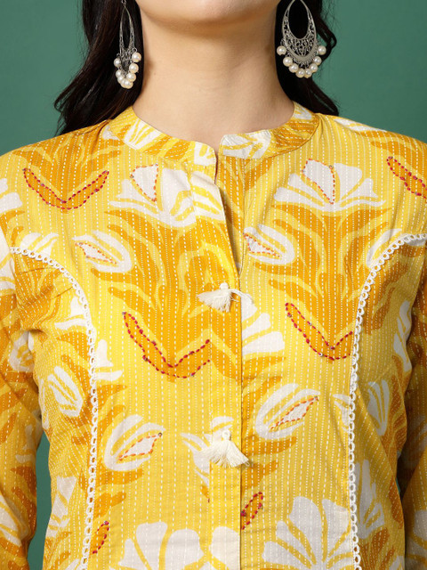 Sangria Floral Printed Pure Cotton Mandarin Collar Thread Work A-Line Kurta - Image 2