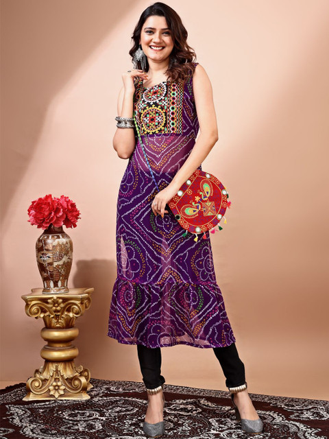 KALINI Bandhani Printed Round Neck Thread Work Georgette Straight Kurta - Image 3