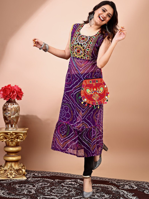 KALINI Bandhani Printed Round Neck Thread Work Georgette Straight Kurta - Image 6