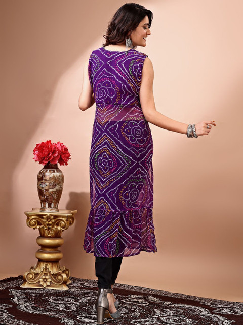 KALINI Bandhani Printed Round Neck Thread Work Georgette Straight Kurta - Image 5