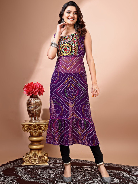 KALINI Bandhani Printed Round Neck Thread Work Georgette Straight Kurta