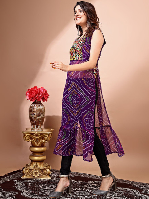 KALINI Bandhani Printed Round Neck Thread Work Georgette Straight Kurta - Image 4