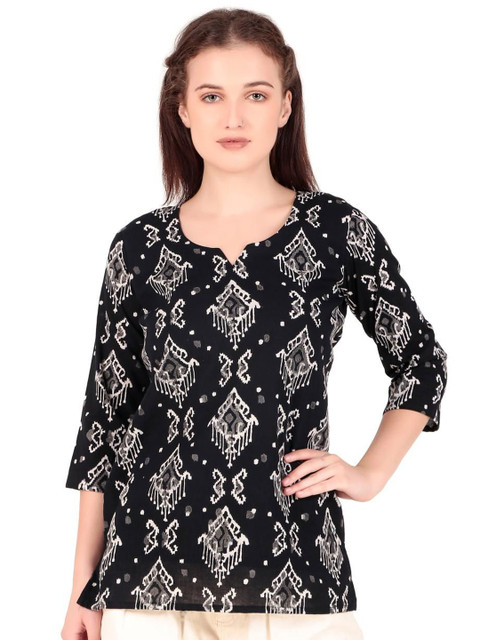 Magnetism Jaipuri traditional ikkat printed black short kurti with detachable linning - Image 2
