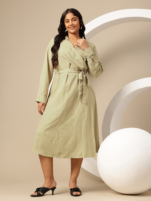 Sztori Plus Size Printed Midi Wrap Dress with Belt - Image 3