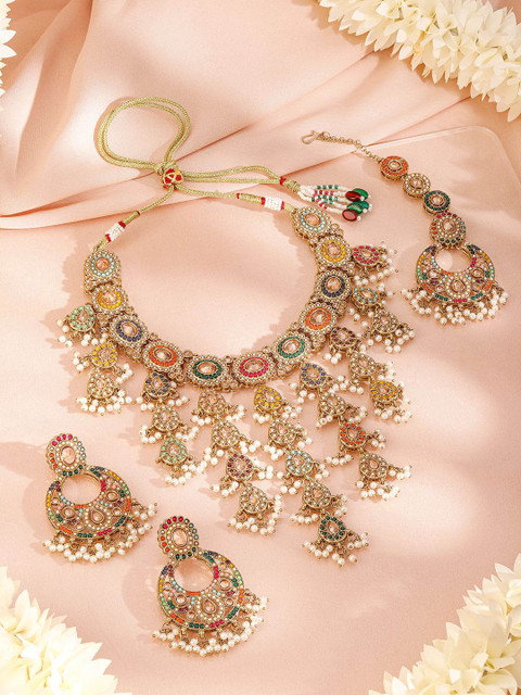 Rubans 22K Gold-Plated Multicolor Kundan & Cubic Zirconia Studded Bridal Jewelry Set - Image 3