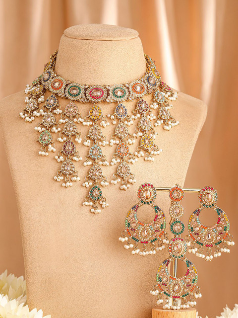 Rubans 22K Gold-Plated Multicolor Kundan & Cubic Zirconia Studded Bridal Jewelry Set - Image 2