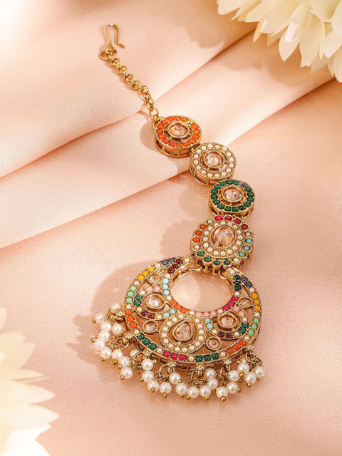 Rubans 22K Gold-Plated Multicolor Kundan & Cubic Zirconia Studded Bridal Jewelry Set - Image 4