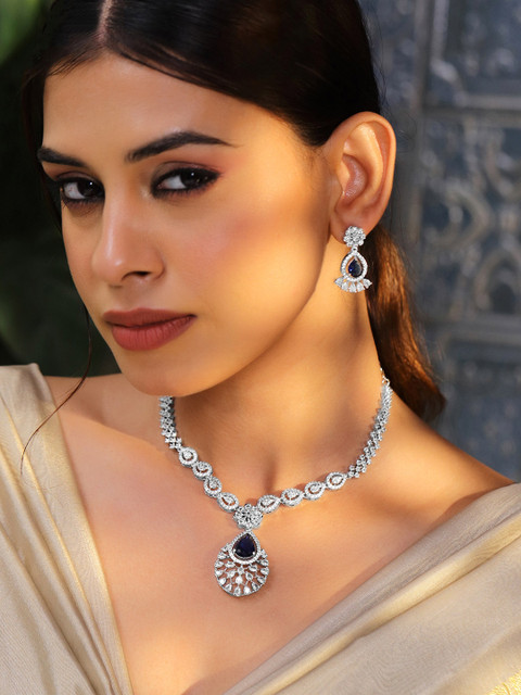 Rubans Rhodium-Plated Navy Blue AD & Cubic Zirconia Studded Necklace Set