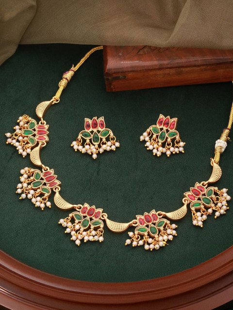 Saraf RS Jewellery Gold-Plated Stone Studded & Beaded Lotus Choker Jewellery Set