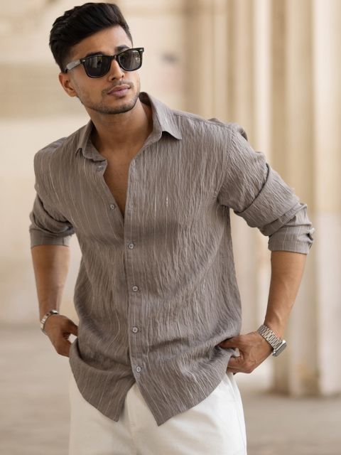 Powerlook Men Grey Striped Full Sleeves Regular Fit Shirt