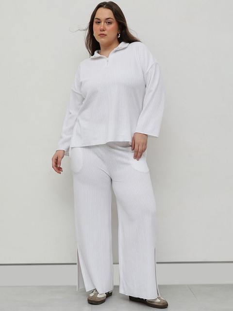 CURVY STREET Plus Size Striped High Neck T-Shirt With Trouser