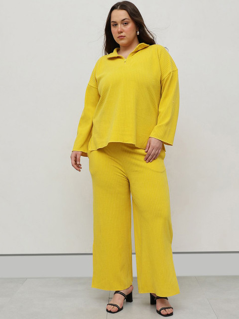 CURVY STREET Plus Size Striped High Neck T-Shirt With Trousers