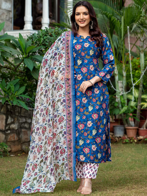 ARADHNA Floral Printed Notched Neck Straight Kurta With Trouser And Dupatta