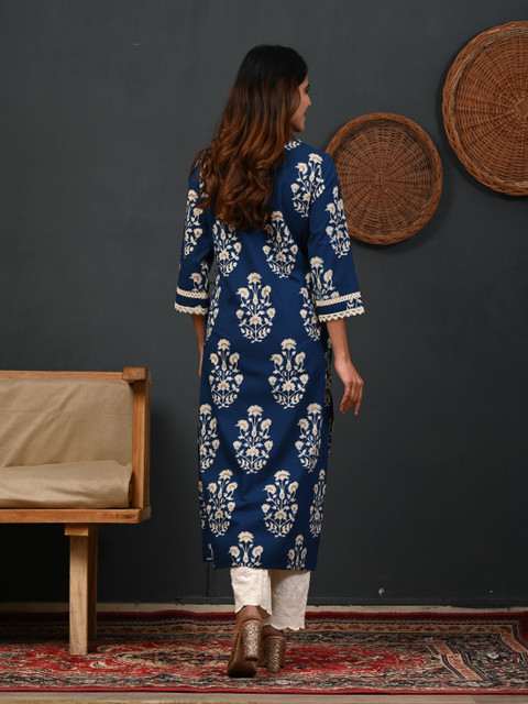 Rimeline Floral Printed Notch-Neck Straight Kurta - Image 6