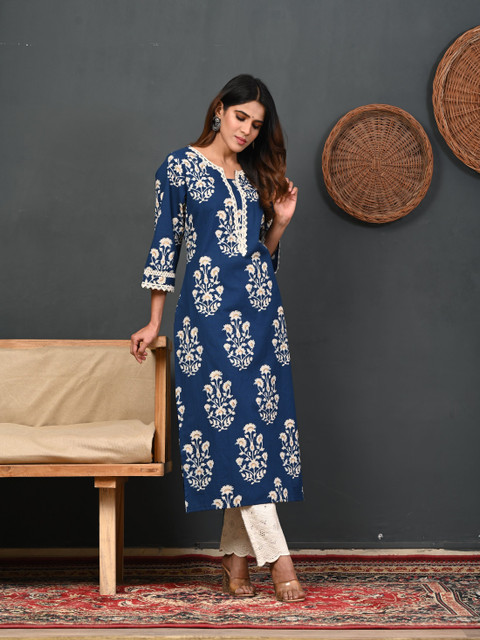 Rimeline Floral Printed Notch-Neck Straight Kurta - Image 4
