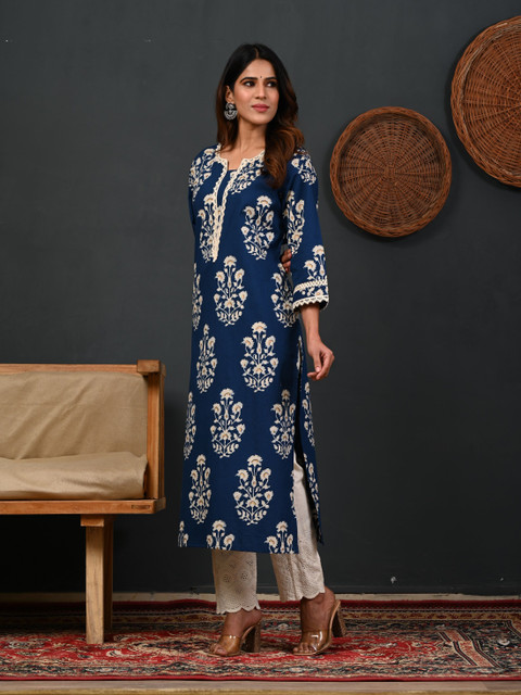 Rimeline Floral Printed Notch-Neck Straight Kurta - Image 5