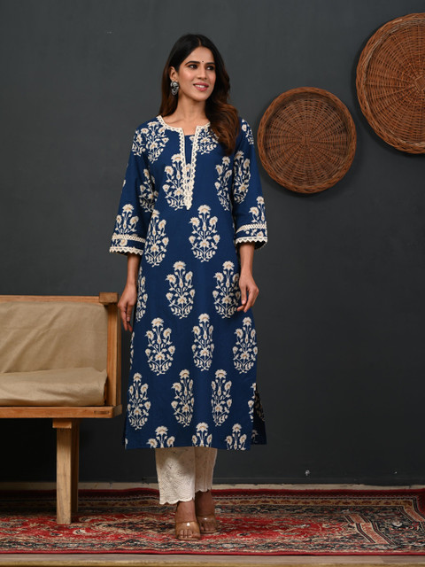 Rimeline Floral Printed Notch-Neck Straight Kurta - Image 2