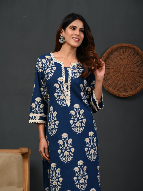 Rimeline Floral Printed Notch-Neck Straight Kurta - Image 3