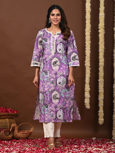 Rimeline Floral Printed Notch-Neck Straight Kurta - Image 5