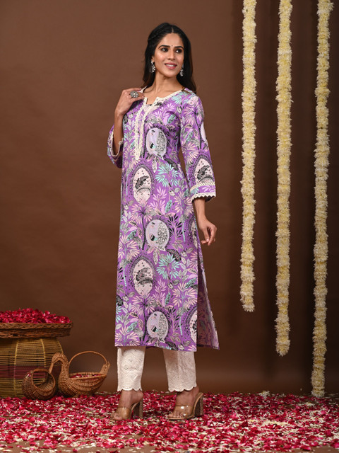 Rimeline Floral Printed Notch-Neck Straight Kurta - Image 4