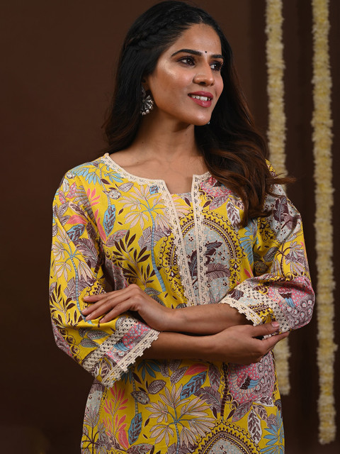 Rimeline Floral Printed Notch-Neck Straight Kurta