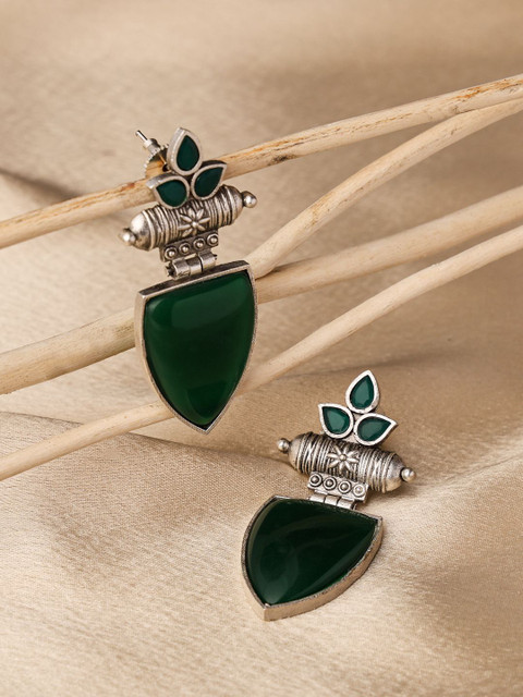 VENI 92.5 Silver-Plated Artificial Stones Studded Contemporary Shaped Drop Earrings