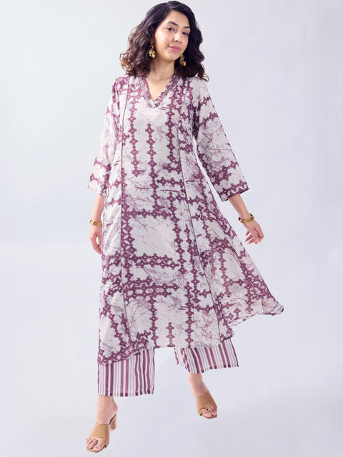 TOOCHKI Women Ajrakh Printed Panelled V-Neck A-Line Kurta With Palazzos Set