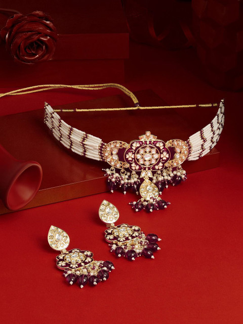 Zaveri Pearls Gold Plated Austrian Diamonds Studded & Beaded Meenakari Jewellery Set