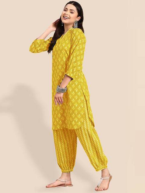 Lookmark Mustard Floral Printed V-Neck Straight Kurta with Salwar - Image 4