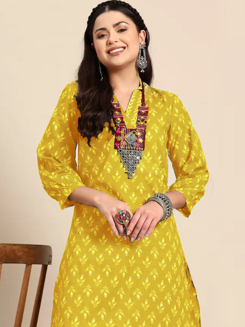 Lookmark Mustard Floral Printed V-Neck Straight Kurta with Salwar - Image 2