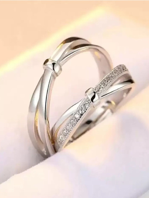 RUHI COLLECTION Unisex Set Of 2 Silver-Plated Stainless Steel CZ-Studded 7028 Couple Rings